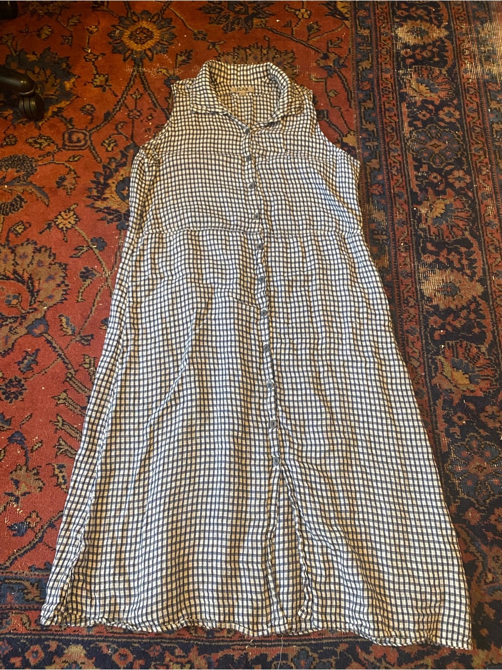 FLAX 100% Linen Sleeveless Button-Down Maxi Dress Blue Check Large minimalist